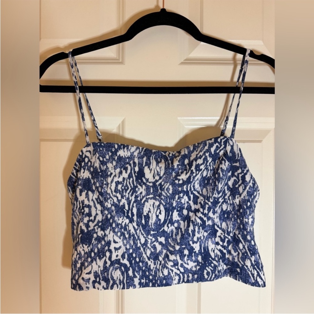 Abercrombie & Fitch Crinkle Textured Squareneck Tank Top Crop blue white M A&F - Picture 3 of 6